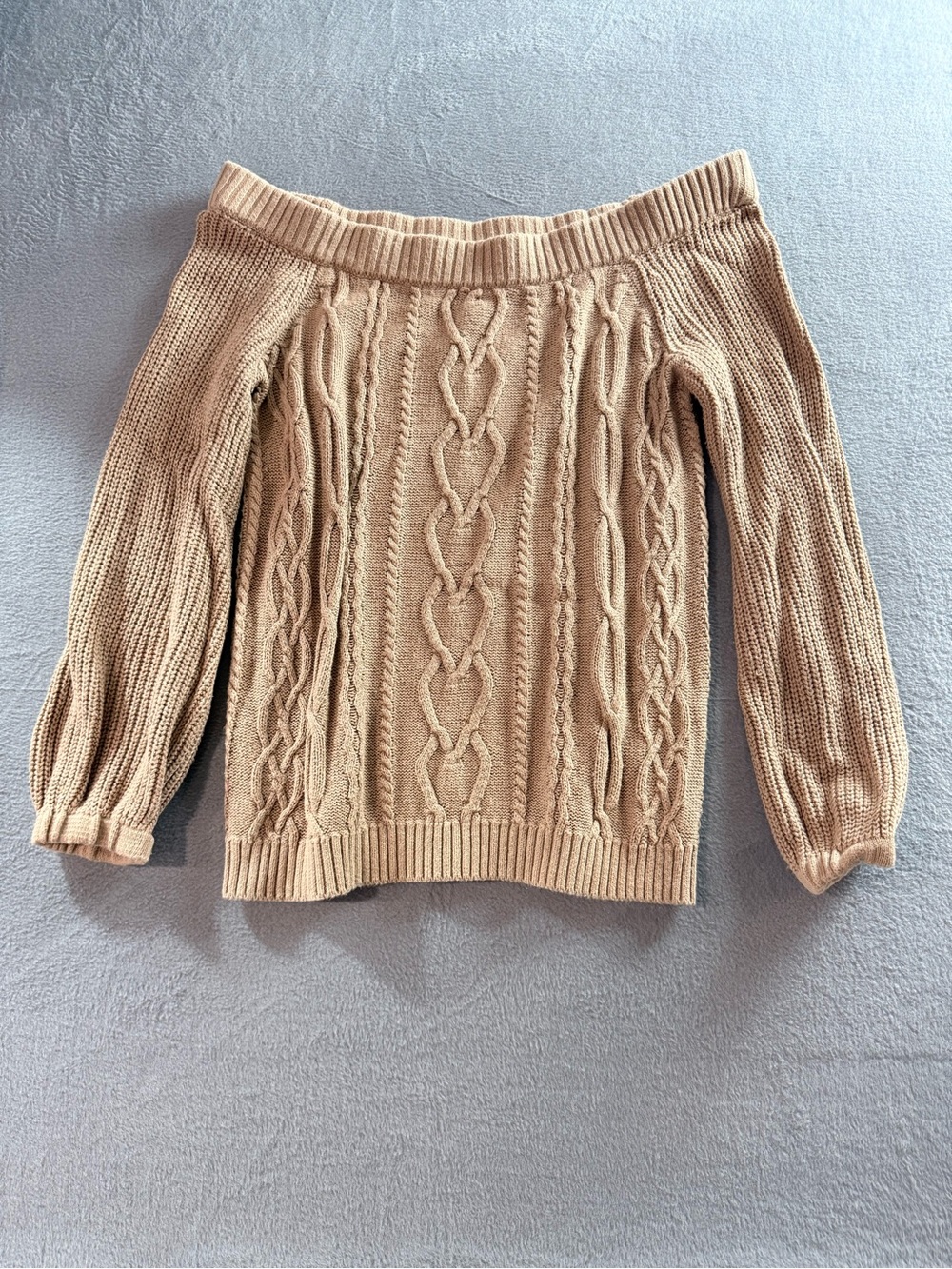 New York & Company - SoHo Jeans Line - Tan Off-the-Shoulder Cable Knit Sweater